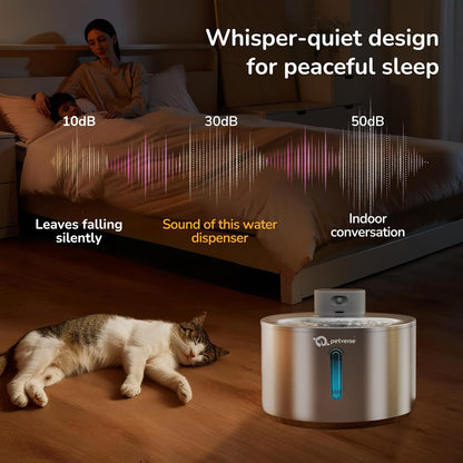 Automatic pet water fountain infographic showcasing low-noise 30dB technology in a quiet bedroom setting with a sleeping cat.
