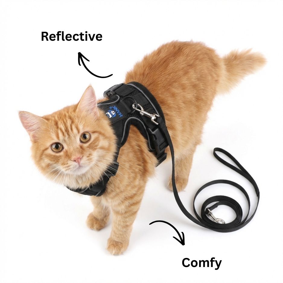 HANK Reflective Cat & Small Dog Harness With Leash For Daily Walks (Black)