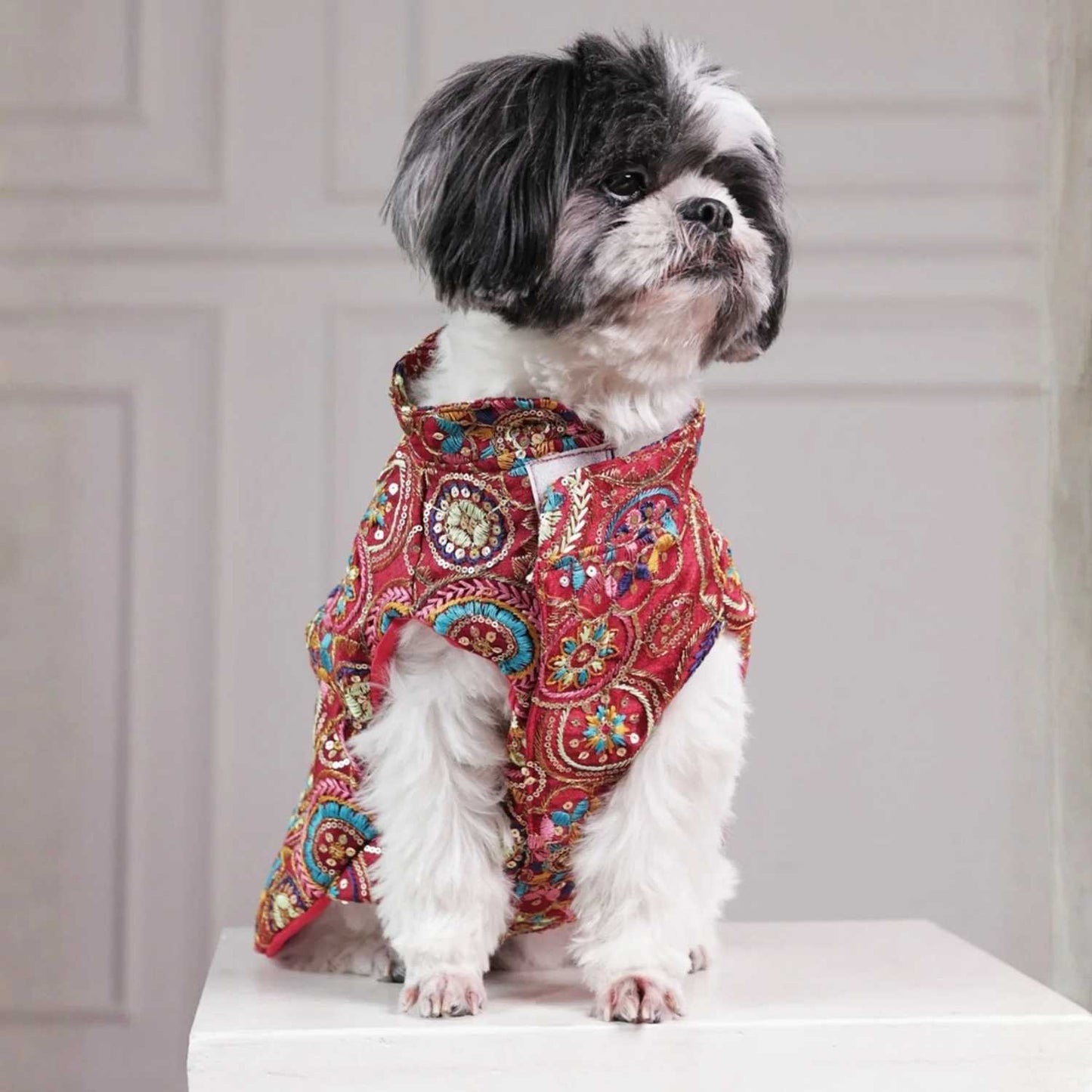 Royal Embroidered Dog Sherwani | Wedding Festive Wear  (Red Multicolor)