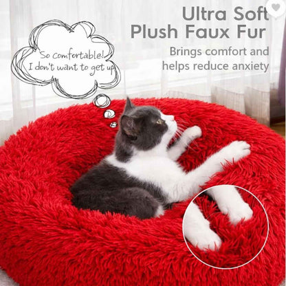 Calming Donut Dog & Cat Bed | Fluffy Plush Washable Anti Slip (Red)