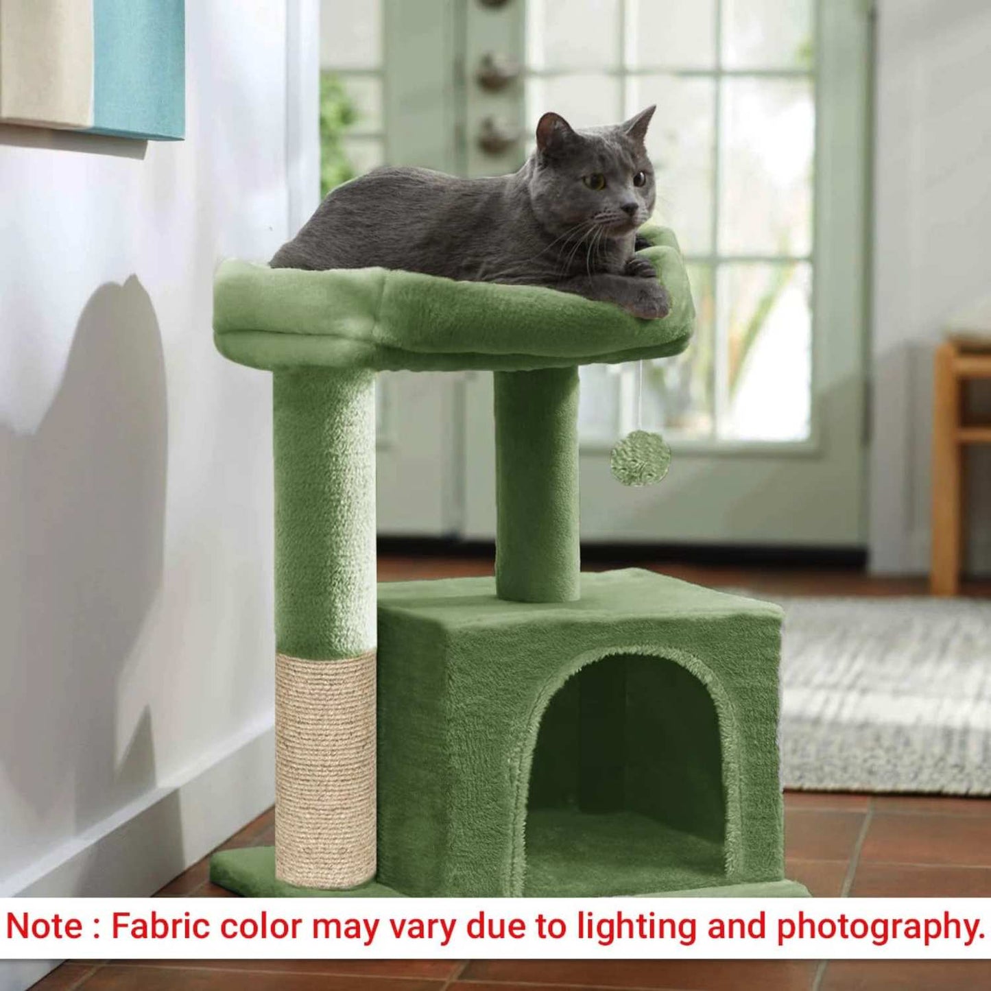 Condo Kitten Cat Tree - Plush Fur Fabric | Top Perch | Hanging Ball | Scratching Post (Condo 12x12 Inch) (Green )