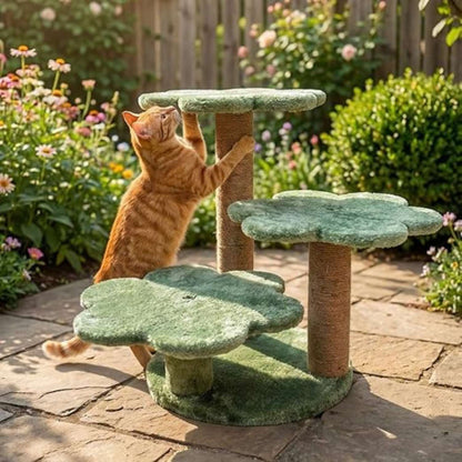 Flower Cat Tree Tower with Scratching Post – 22” Multi-Level Plush Cat Climbing Furniture (Green/Grey)