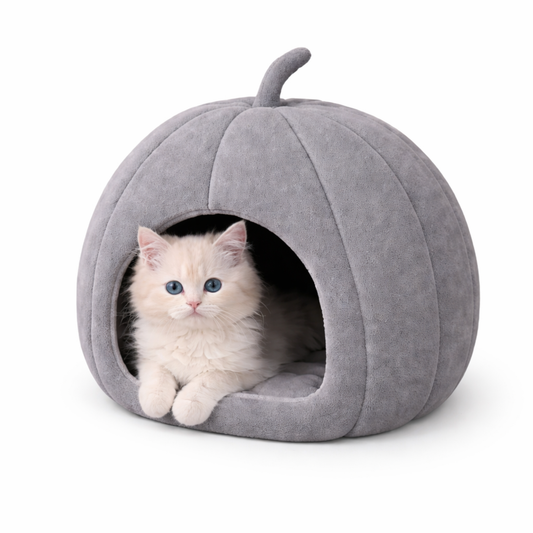 Pumpkin Shape Cat Bed Cave (Grey) | Portable 2-in-1 Washable Pet House
