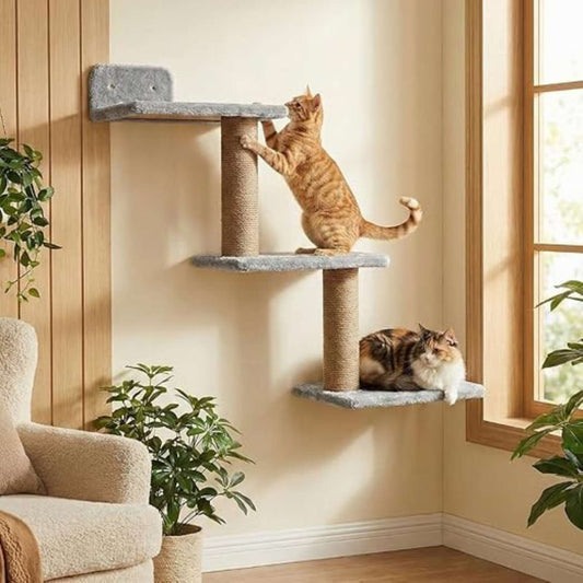 Multi-Level Wall Cat Climber | Grey Plush Cat Tree with Natural Jute Scratcher (30X35X14 INCH)