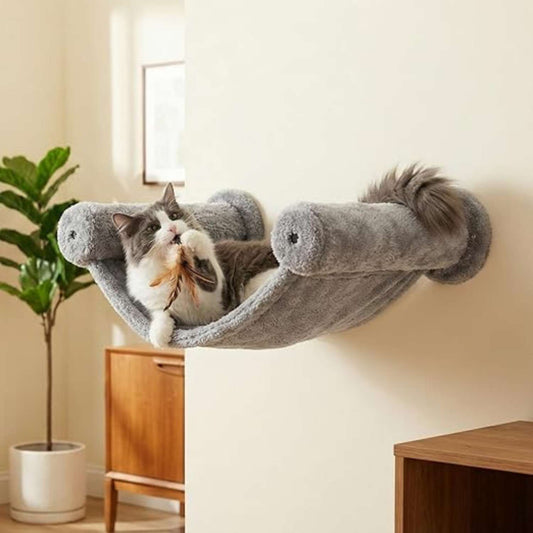 Wall-Mounted Cat Hammock 16x11 – Grey Plush Elephant Design Cat Wall Bed