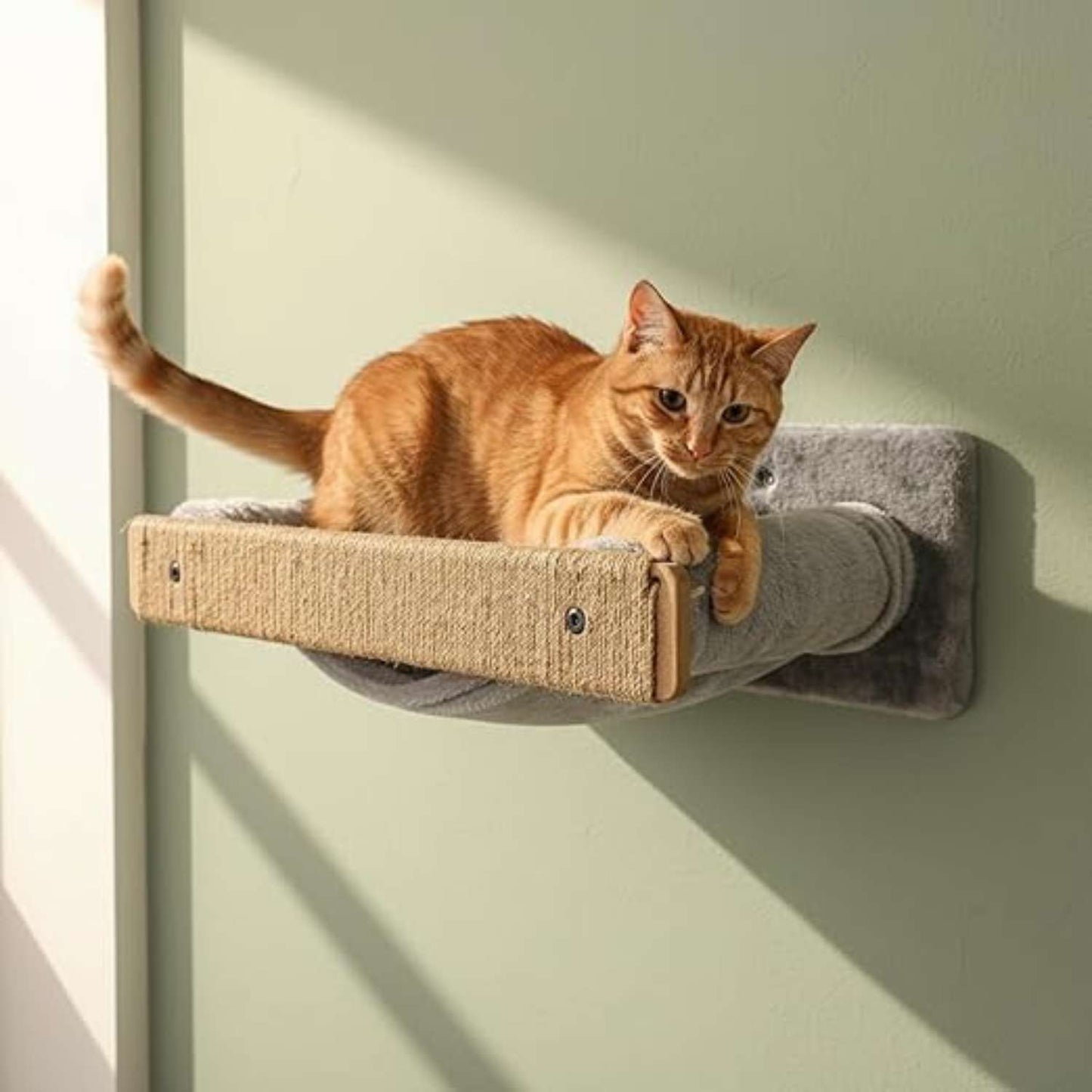 Wall-Mounted Cat Perch with Scratching Post – Plush Cushion Hammock Bed (24X6 INCH), (Grey)