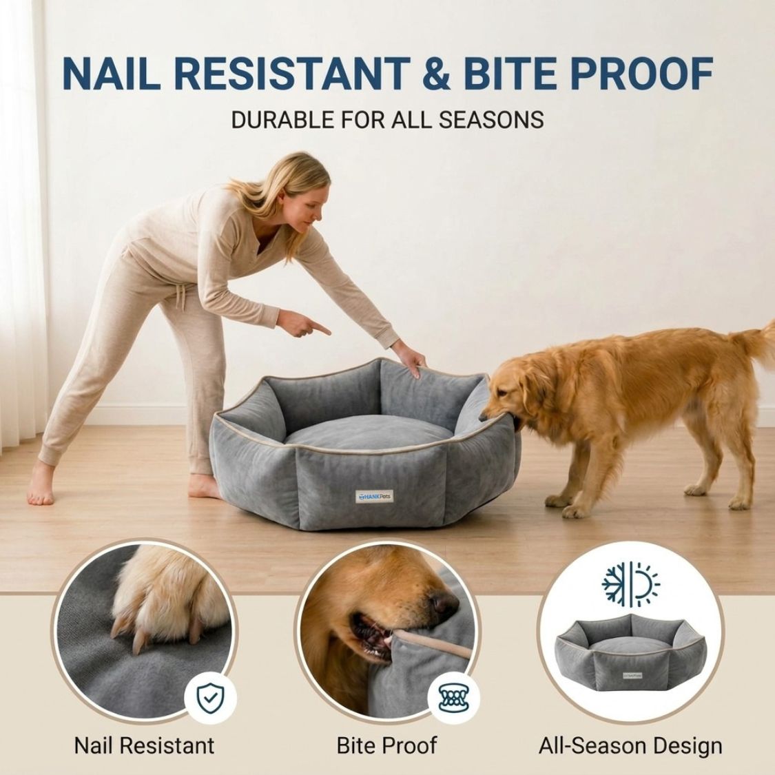 HANK HugFit Premium Dog Bed | Anti Skid & Machine Washable (Gray)