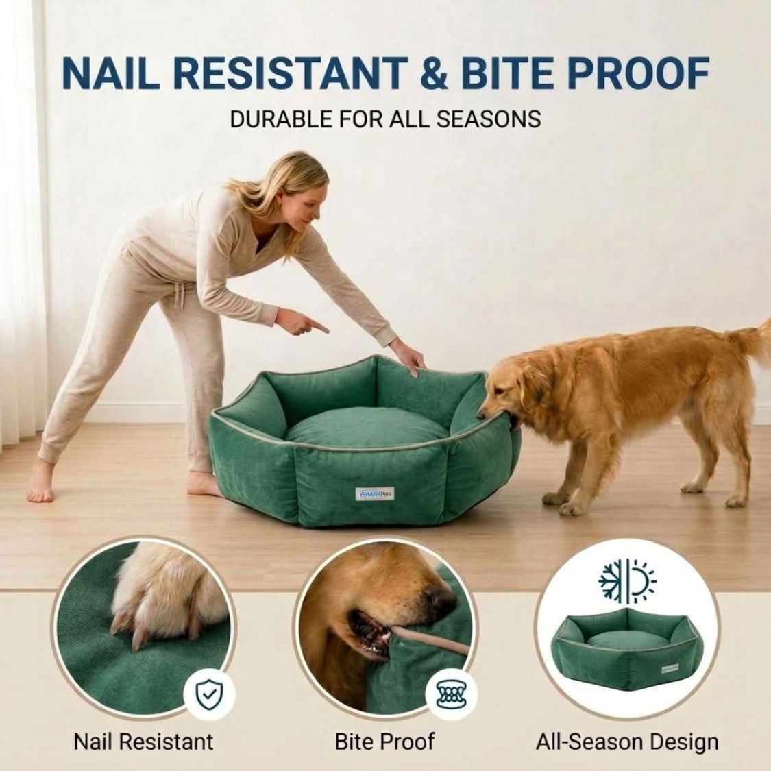 HANK HugFit Premium Dog Bed | Anti Skid & Machine Washable(Green)