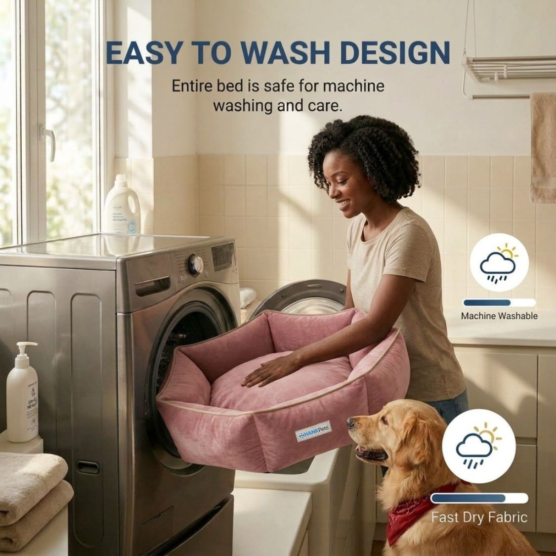 HANK HugFit Premium Dog Bed | Anti Skid & Machine Washable (Pink)