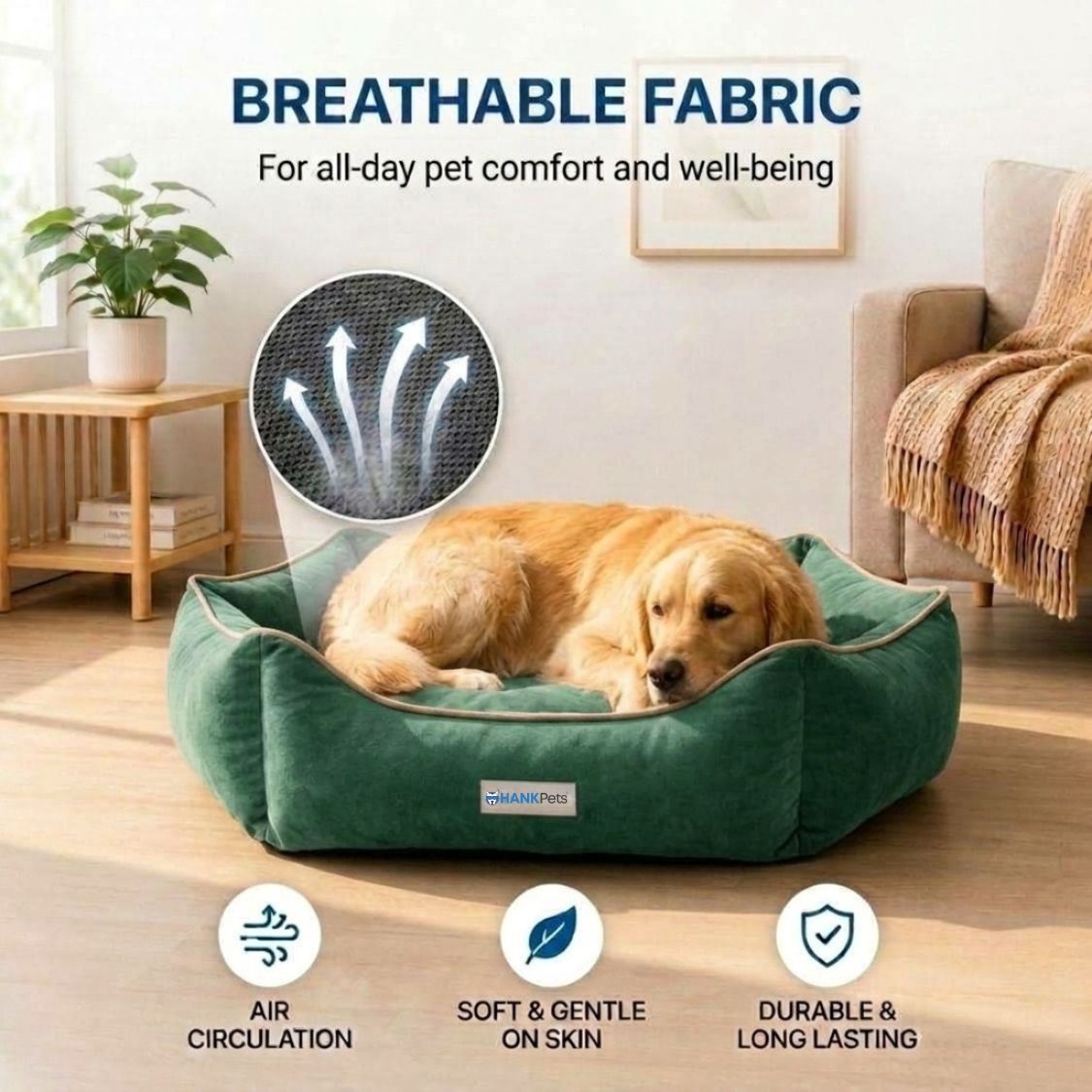 HANK HugFit Premium Dog Bed | Anti Skid & Machine Washable(Green)