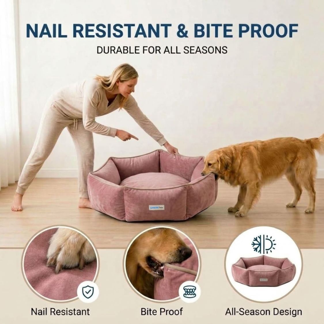 HANK HugFit Premium Dog Bed | Anti Skid & Machine Washable (Pink)