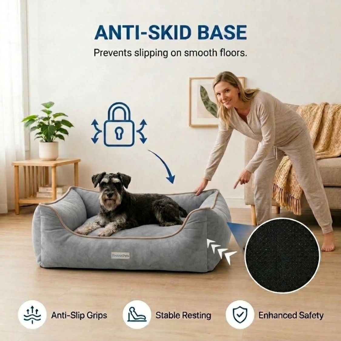 HANK SoftNest Premium Dog Bed Anti Skid & Machine Washable (Grey)
