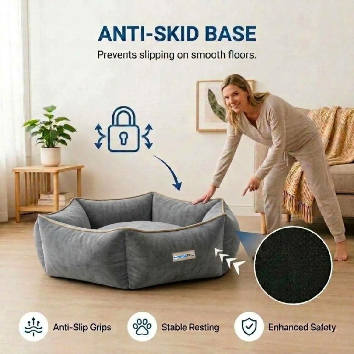 HANK HugFit Premium Dog Bed | Anti Skid & Machine Washable (Gray)