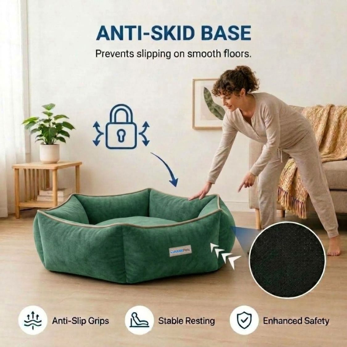 HANK HugFit Premium Dog Bed | Anti Skid & Machine Washable(Green)