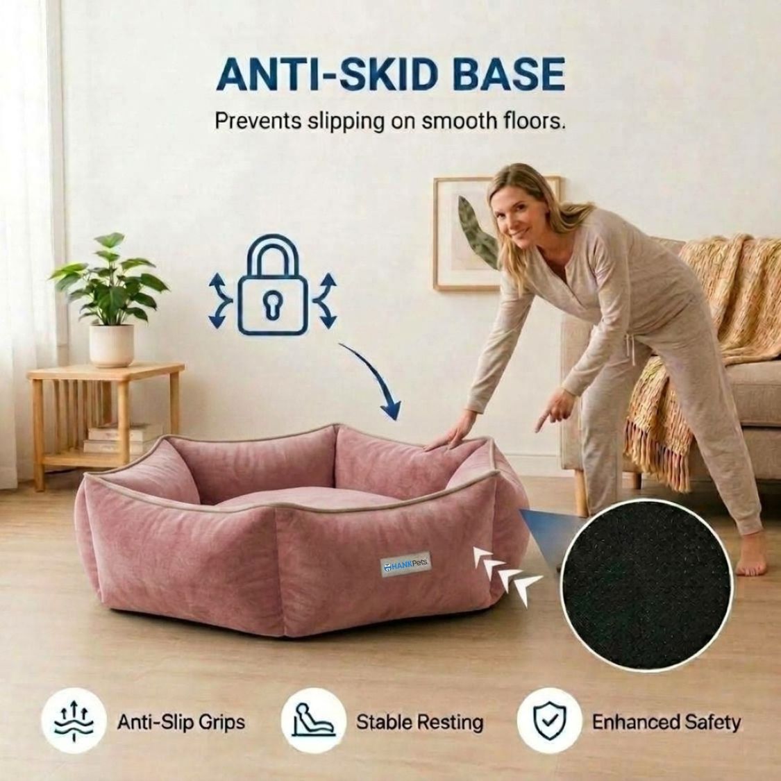HANK HugFit Premium Dog Bed | Anti Skid & Machine Washable (Pink)