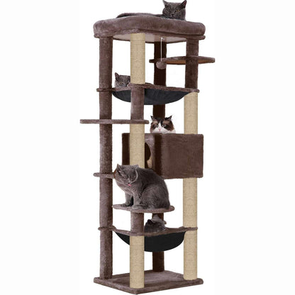 Climbing Tower Activity Cat Tree - Fur Fabric | Top Bed | Hammocks | Condo | Multiple Seats | Jute Rope Scratching Posts | for Adult Cats & Kittens (Height 70 Inch)
