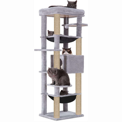 Climbing Tower Activity Cat Tree - Fur Fabric | Top Bed | Hammocks | Condo | Multiple Seats | Jute Rope Scratching Posts | for Adult Cats & Kittens (Height 70 Inch)