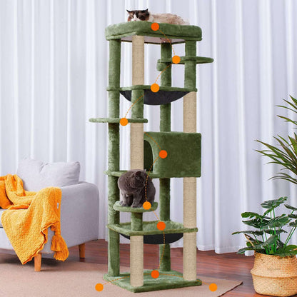 Climbing Tower Activity Cat Tree - Fur Fabric | Top Bed | Hammocks | Condo | Multiple Seats | Jute Rope Scratching Posts | for Adult Cats & Kittens (Height 70 Inch)