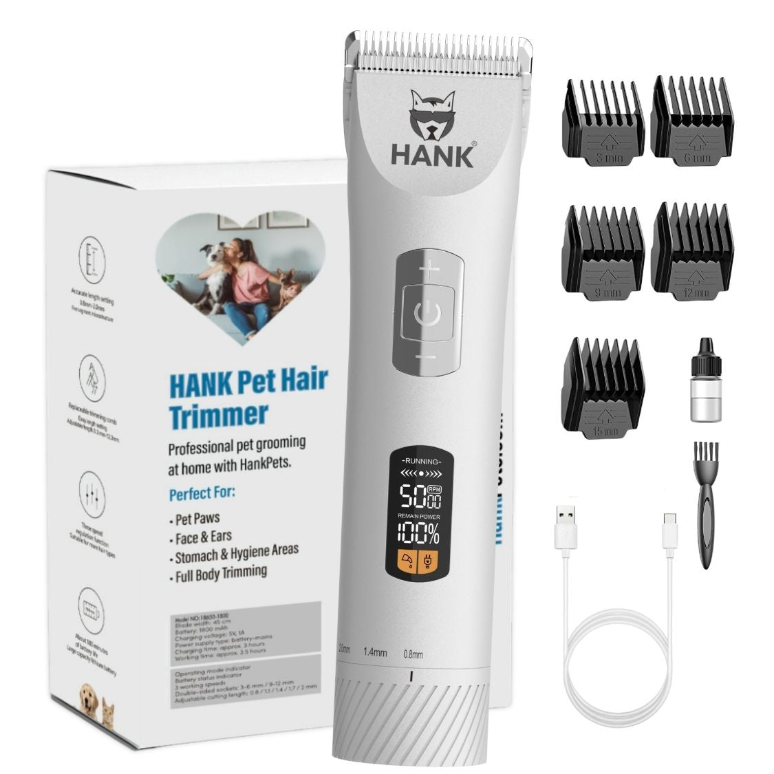 HANK Pet Hair Trimmer With LCD Display, Type C Charging | Suitable for All Breeds