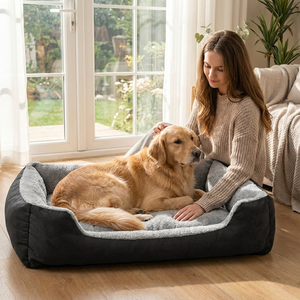HANK Pet Bed With Soft Fabric & Machine Washable (Black & Gray) All Season