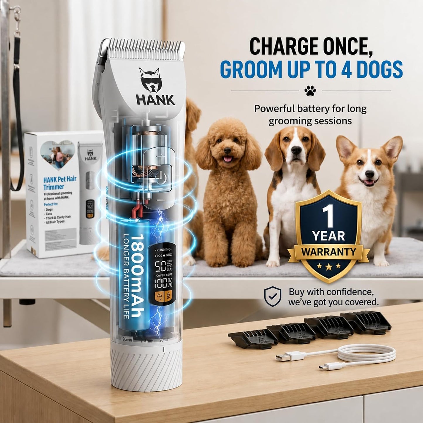 HANK Pet Hair Trimmer With LCD Display, Type C Charging | Suitable for All Breeds