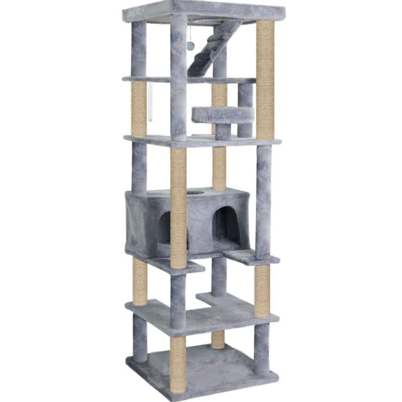 Multilevel Fur Fabric Cat Tree - Ladder | Hanging Ball | Large Condo | Jute Rope Scratching Posts | for Adult Cats & Kittens (Height 75 Inch)