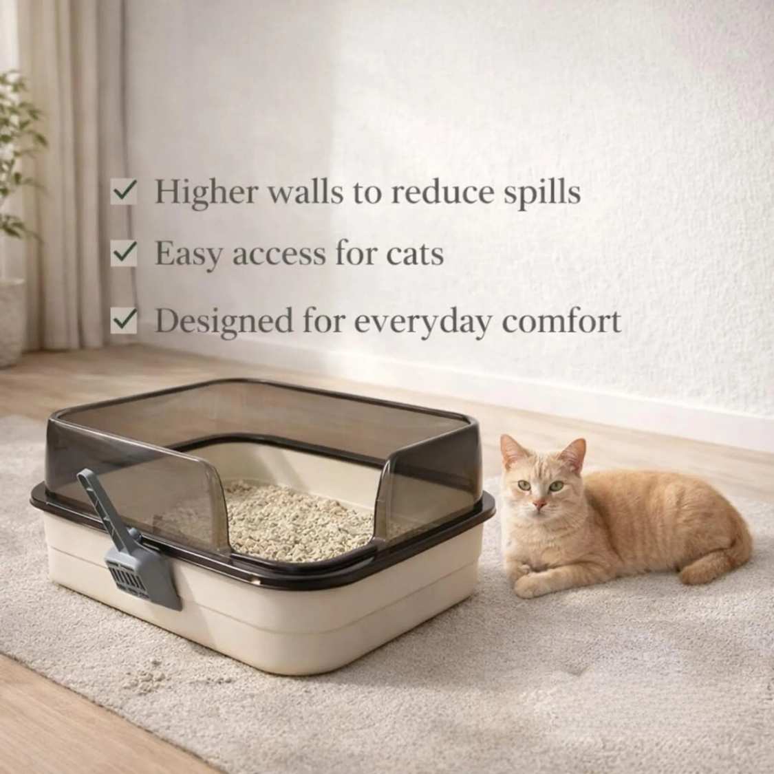 Large Cat Litter Box | High Wall Anti-Scatter Tray with Scoop