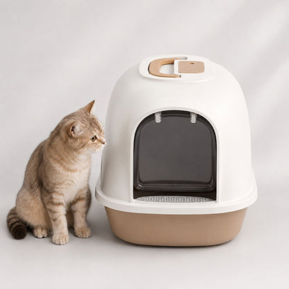 Hooded Cat Litter Tray with Swing Door & Handle | Light Brown Cat Toilet Box