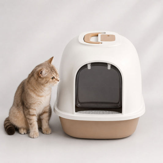 Hooded Cat Litter Tray with Swing Door & Handle | Light Brown Cat Toilet Box