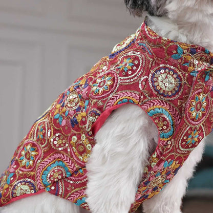 Royal Embroidered Dog Sherwani | Wedding Festive Wear  (Red Multicolor)