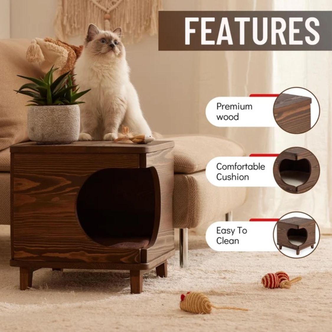 Wooden Pet House for Cats & Small Dogs | Multipurpose Indoor Pet Retreat & Side Table