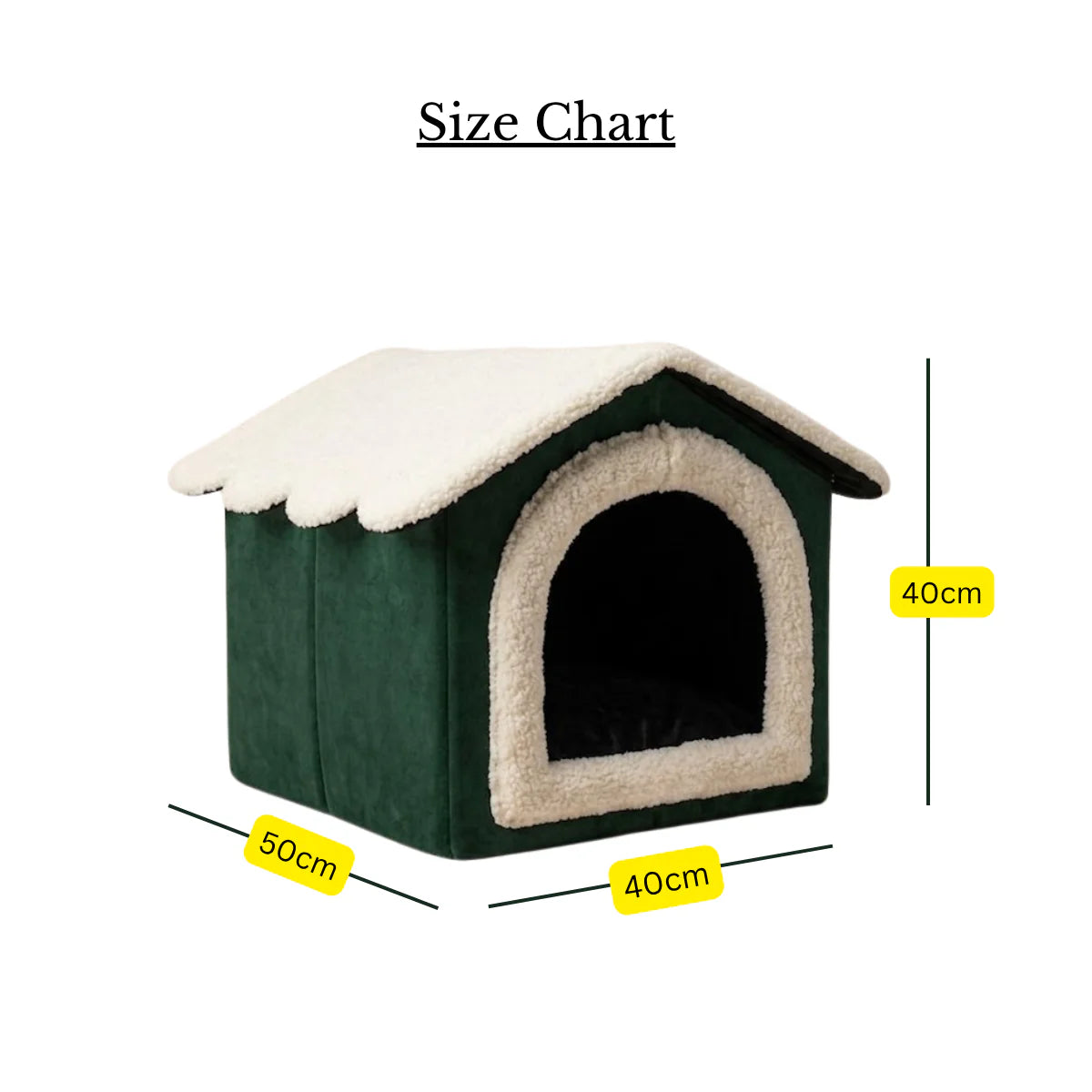 Sizing infographic for indoor plush pet house: 50cm long, 40cm wide, 40cm high.