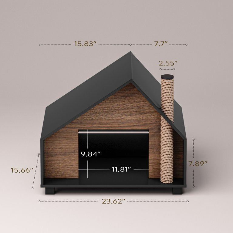 Wooden Cat House With Cozy Condo & Hideaway Bed For Indoor Cats
