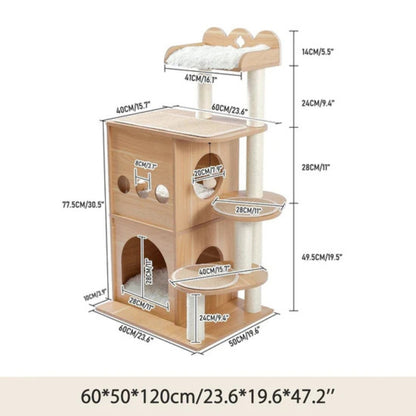 Wooden Multi-Level Cat Tower Scratching Posts and Perches for Indoor Cats