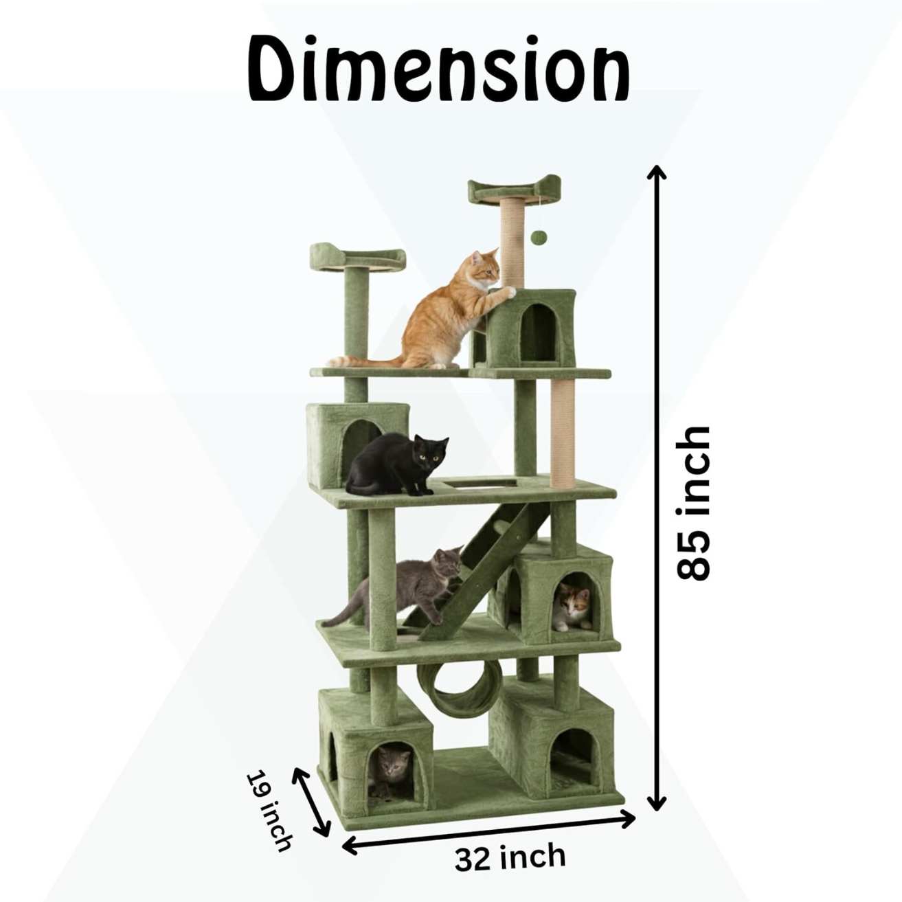 Multilevel Fur Fabric Cat Tree - Ladder | Hanging Ball | Tunnel | Multiple Condos | Jute Rope Scratching Posts | for Adult Cats & Kittens (32 x 19 x 85 Inches)