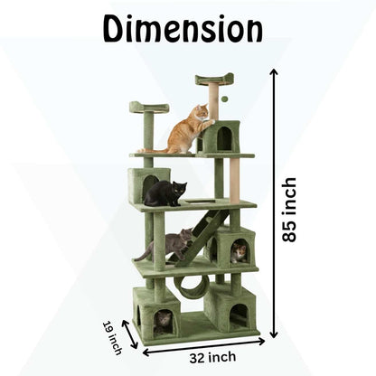 Multilevel Fur Fabric Cat Tree - Ladder | Hanging Ball | Tunnel | Multiple Condos | Jute Rope Scratching Posts | for Adult Cats & Kittens (32 x 19 x 85 Inches)