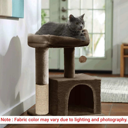 Condo Kitten Cat Tree - Plush Fur Fabric | Top Perch | Hanging Ball | Scratching Post (Condo 12x12 Inch) (Brown)
