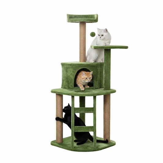 Multi-Level Cat Tree Tower | Green Plush Condo with Jute Posts & Perches