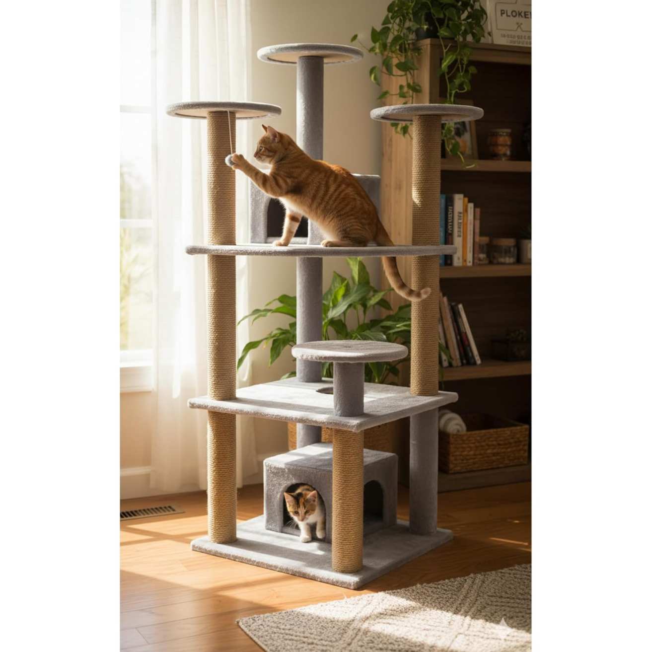 Multilevel Cat Kitten Activity Tree - Fur Fabric, Condo Box, Jute Rope, Multiple Floors, Scratching Posts (Height 54 Inch)