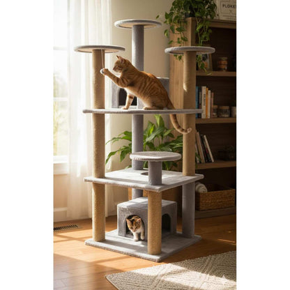 Multilevel Cat Kitten Activity Tree - Fur Fabric, Condo Box, Jute Rope, Multiple Floors, Scratching Posts (Height 54 Inch)