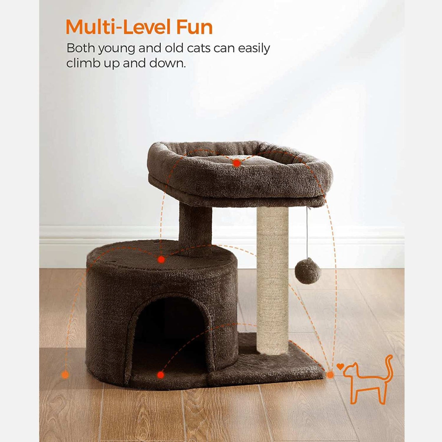 Cat Tree with Scratching Post, Condo and Toy Ball, 19 Inch x 12 Inch x 18 Inch (Brown)