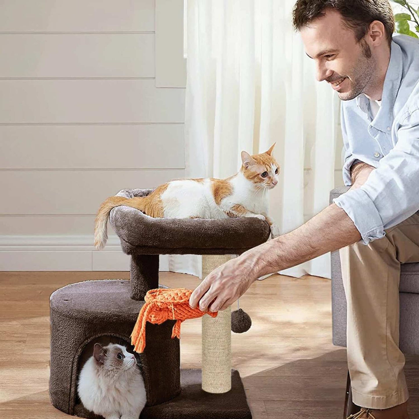 Cat Tree with Scratching Post, Condo and Toy Ball, 19 Inch x 12 Inch x 18 Inch (Brown)