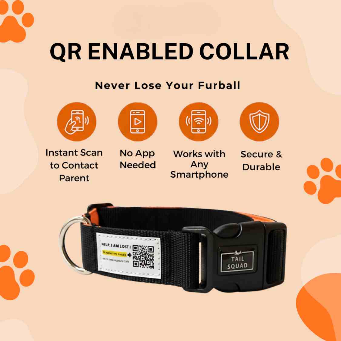 Pet Collar With QR Code | Smart ID Safety Collar For Dogs (Black)