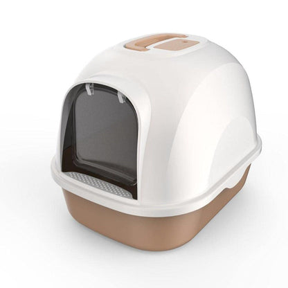 Hooded Cat Litter Tray with Swing Door & Handle | Light Brown Cat Toilet Box