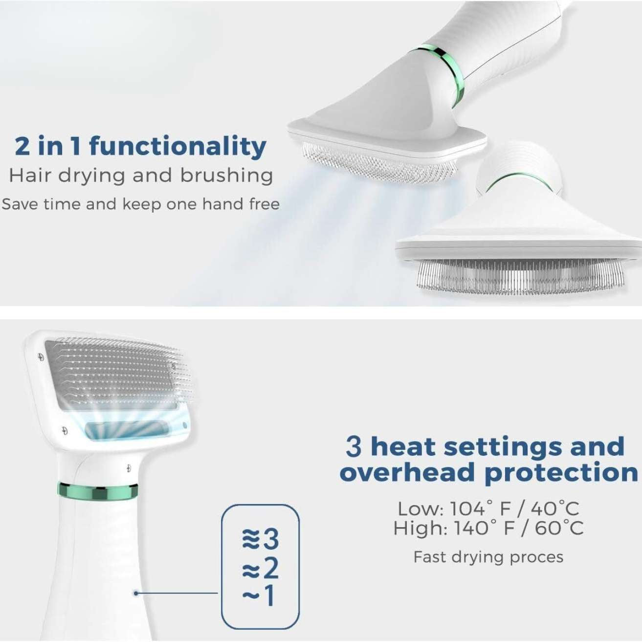 Pet Hair Dryer 2 with Slicker Brush, 3 Heat Settings | Dog Blower