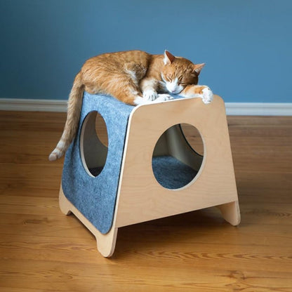 Cat Condo Bed for Indoor Cats | Nordic Birch Wood Cat House with 360° View