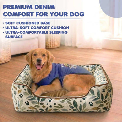 Luxury Leaf Print Dog Bed With Bolsters | Washable Anti Slip & Durable