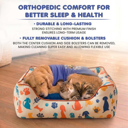 Dog Print Orthopaedic Pet Bed With Bolster | Washable Anti Slip Sofa Bed