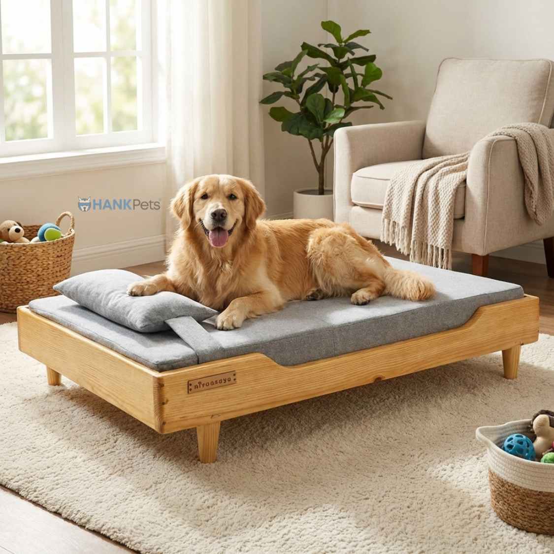 Large Wooden Pet Bed With Cushion | Comfortable Dog Bed