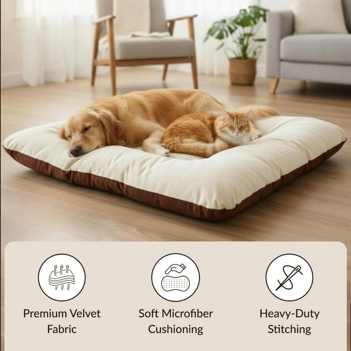 Reversible Pet Bed Washable Velvet Bed With Soft Mattress For Dogs & Cats (Brown)
